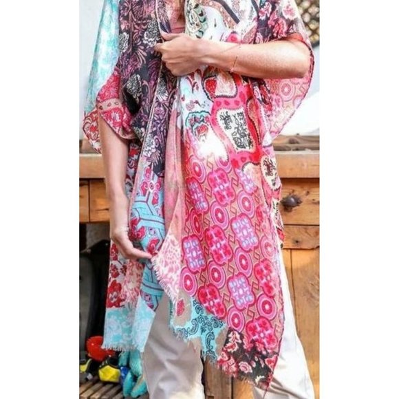 Boho Floral Patchwork Kimono Mint Red Boho Mint Red Wrap Casual Festivals 1 Size - Picture 3 of 3